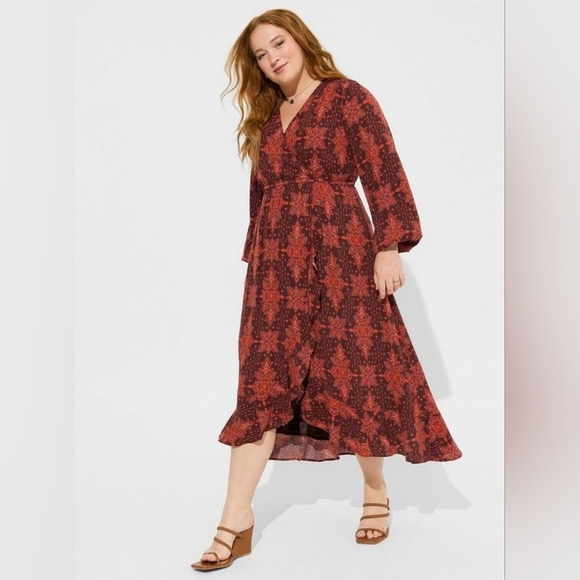 Torrid Midi‎ Washable Crinkle Gauze Dress Size 4 4X Surplice Neck Boho Medallion - Picture 1 of 16